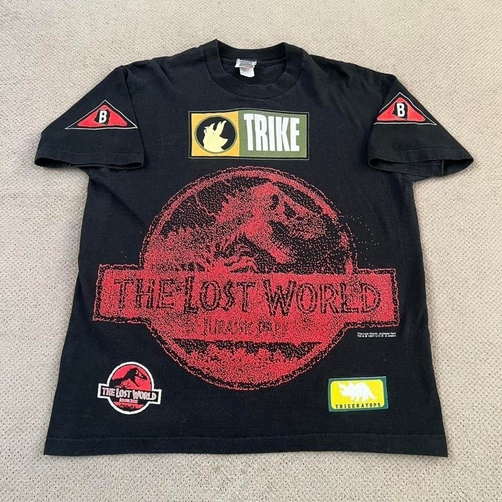 Vintage 1997 The Lost World Jurassic Park T-Shirt Black Size M Movie Promo Tee